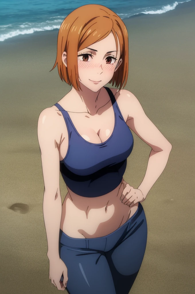 ((top quality, 8k, masterpiece: 1.3, ultra hd, high quality, best quality, high definition, realism)), sharp focus: 1.5, Model Nobara kugisaki, orange eyes, Mole under the outer edge of the eye, Short orange hair, breasts, Sexy and seductive pose, thick thighs, ((beach)), ((micro bikini)), cheeky smile