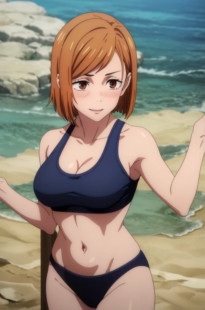 (masterpiece), (best quality), (ultra-detailed), (best illustration), (best shadow), (absurdres), nobarakugisakinova, short hair, orange hair, ((brown eyes)), kugisaki nobara, 1girl, solo, bangs, looking at viewer, upper body, ((blue sports bra)), cleavage, beach background, perfect body, ((perfect breasts)), Hourglass body, thin waist, very thin waist, large breasts, sexy, (skinny), ((blushing)), bare shoulders, bare collarbone, smile, bare neck