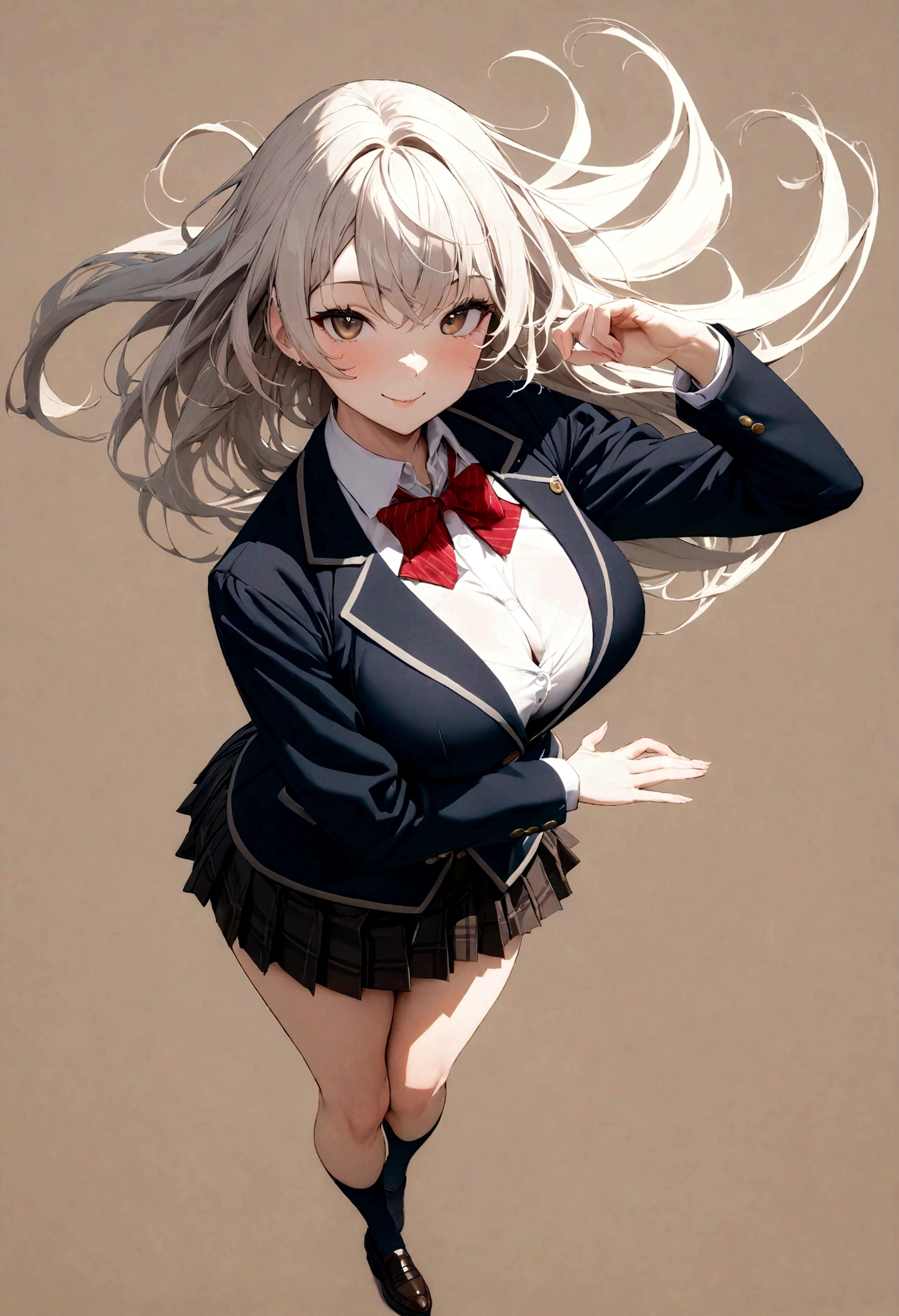 8k, huge , floating hair, busty, large chest, big tits, thick, masterpiece, best quality, 1girl, ichinose, ichinose, 1girl, solo, smile, skirt, bow, , jacket, socks, blazer, simple background, masterpiece, view at camera, fullbody, random pose,