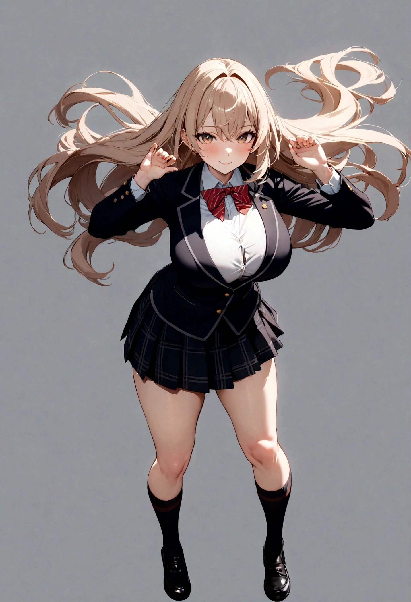 8k, huge , floating hair, busty, large chest, big tits, thick, masterpiece, best quality, 1girl, ichinose, ichinose, 1girl, solo, smile, skirt, bow, , jacket, socks, blazer, simple background, masterpiece, view at camera, fullbody, random pose,