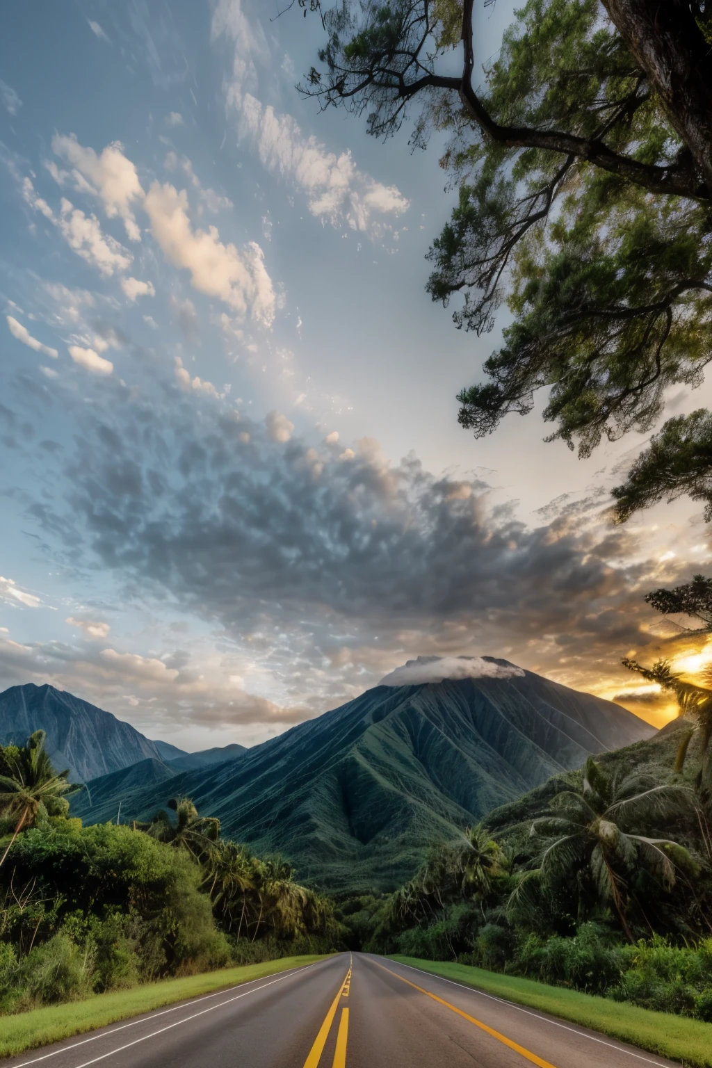 This image showcases a picturesque, winding road, enveloped by lush, vibrant greenery in a tropical paradise. Majestic mountains, partially cloaked in clouds, tower in the background, exuding a mystical and enchanting ambiance. The well-maintained road, boasting clear yellow center lines and reflective markers, leads the eye towards the distant mountains. Several vehicles, including a pristine white pickup truck, are navigating the road, adding a touch of liveliness to the serene scene. The sky is illuminated with soft, golden light, hinting at the photo being captured during the magical hours of sunrise or sunset. The image embod