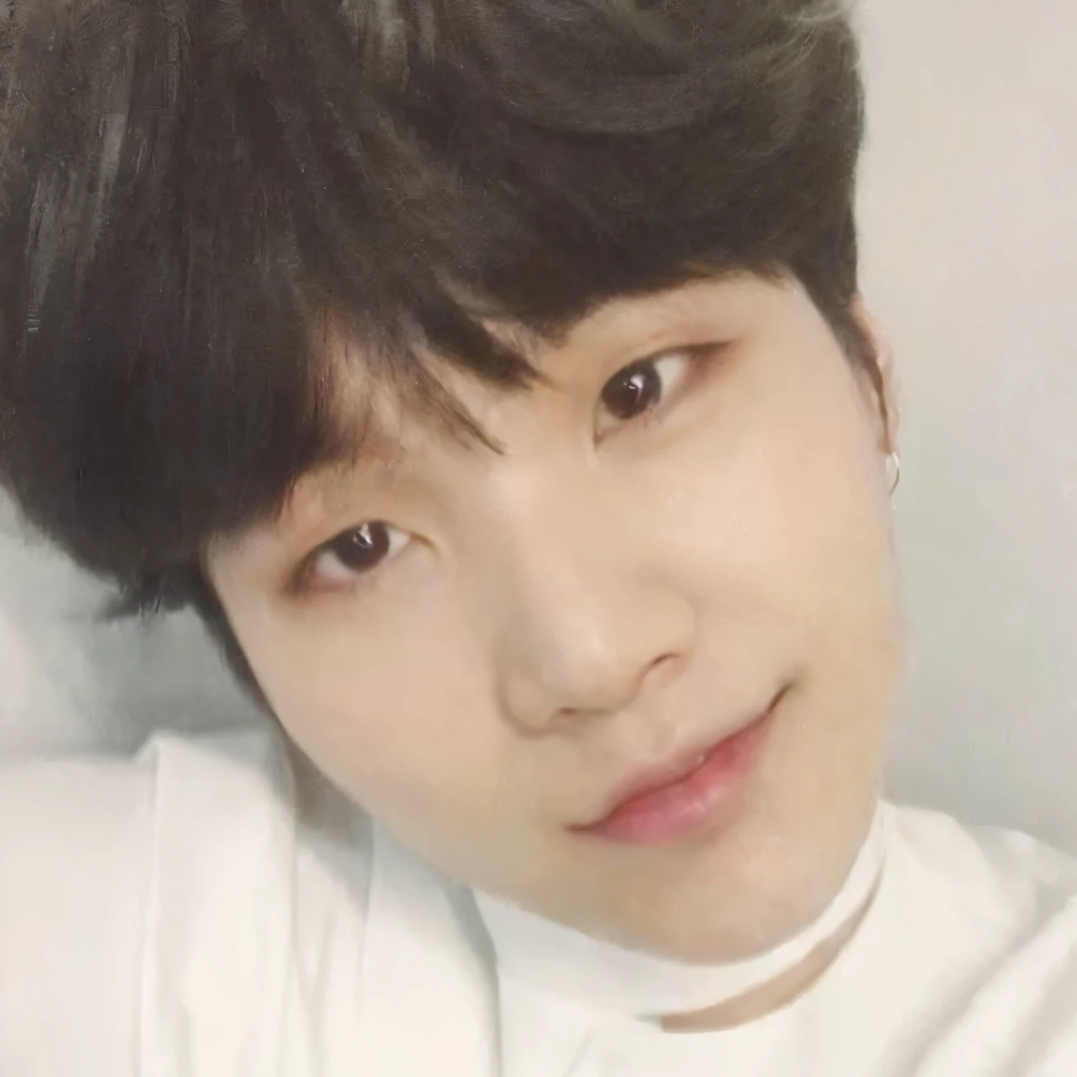 Arafed Asian man with a white shirt and a white shirt, yoongi de pelo negro, hyung tae, pale korean adorable face, Jimin\his right eyelid is swollen, park Jimin, Hong June Hyung, Jimin, Jimin\los labios carnosos, jaeyeon nam, kim taejin, jungkook, kim doyoung, jinyoung shin, young pale angel