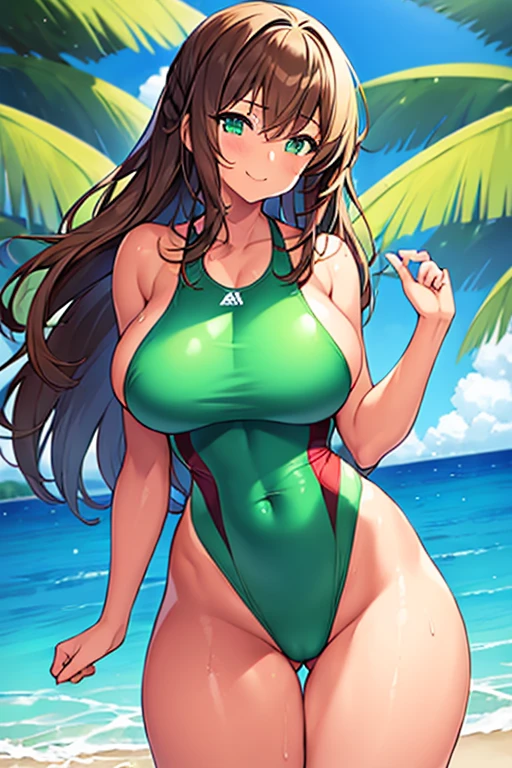 1girl, tan, tan-skinned female, tan skin, green eyes, brown hair, long hair, one-piece swimsuit, competition swimsuit, huge breasts, highleg, thick thighs, wet, smile, cleavage, mature female, hourglass figure