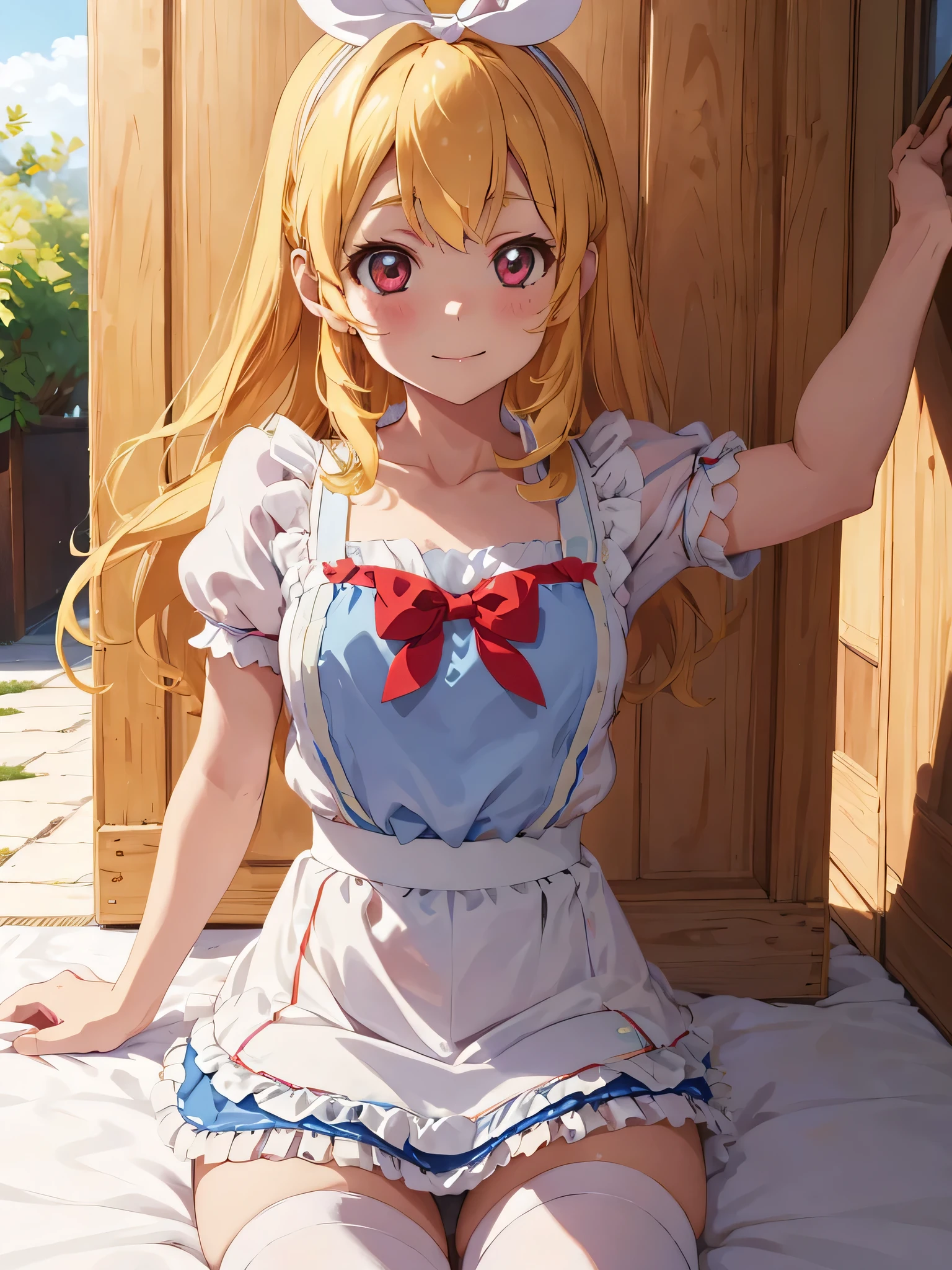 a woman dressed in maid costume laying on the floor on her side, 1girl, hosimiya ichigo, underwear, panties, blonde hair, solo, apron, cameltoe, white apron, blush, outdoors, green eyes, white panties, short sleeves, frills, maid, sky, bow panties, frilled apron, short hair