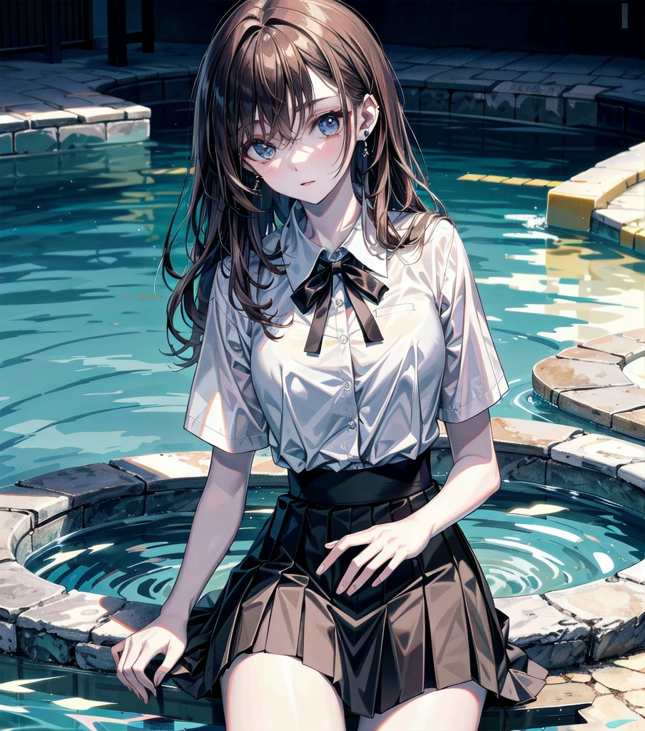 absurdres, RAW photo, extremely delicate and beautiful, masterpiece, Best Quality, ultra high resolution, 32k, hyperrealistic, ultra-detailed description, perfect anatomy, pale skin, 20 years old, detailed beautiful face and eyes, tearful mole, earring, short medium wavy hair, whole body, Korean school_uniform, shirt, ribbon, skirt, bright brown hair, school poolside,