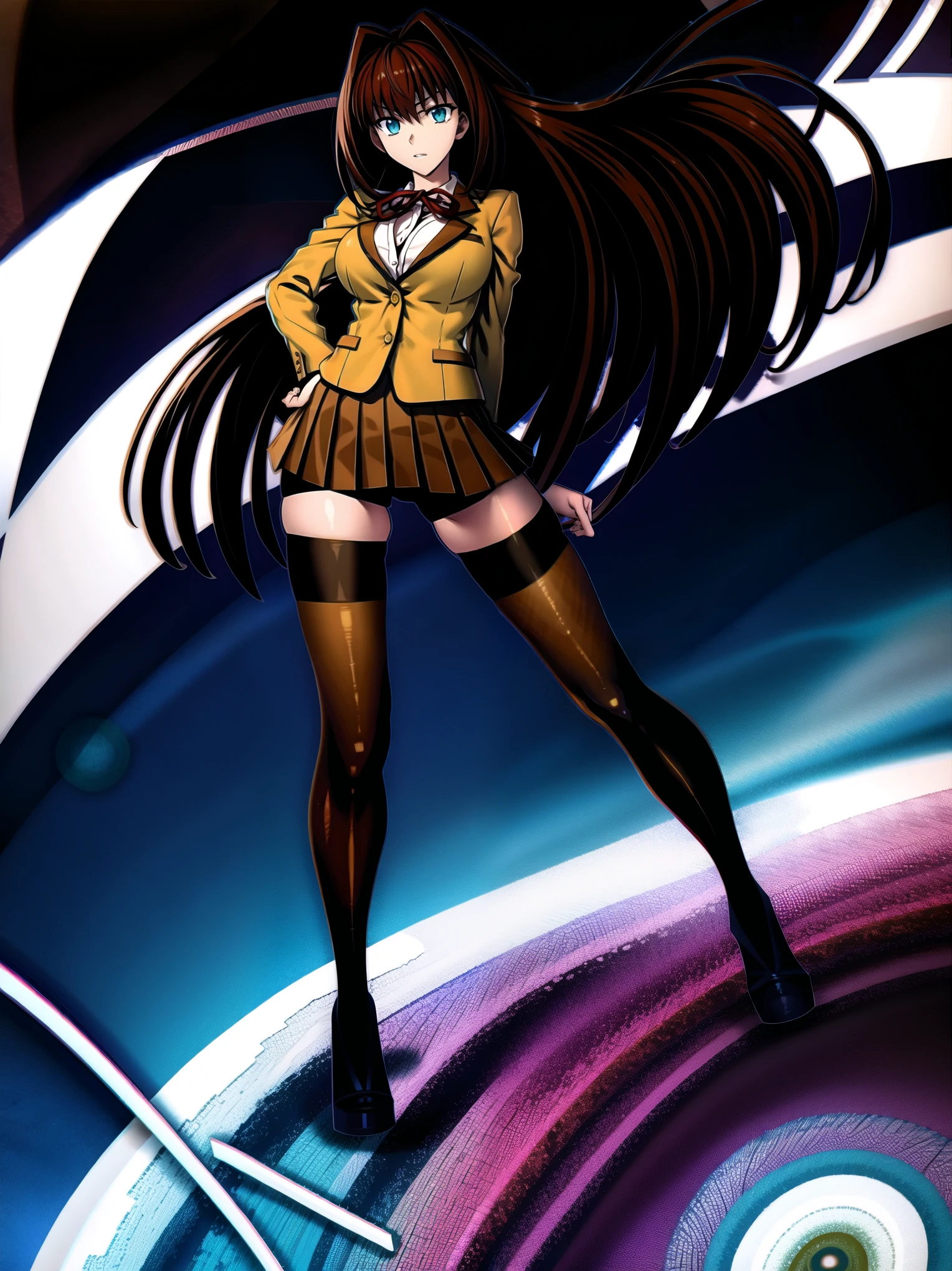 BREAK, centered, BREAK, (EMPTY BACKGROUND), BREAK, (masterpiece), best quality, high resolution, 8k, illustration, (beautiful detailed eyes:1.5), extremely detailed face, extremely detailed body, CG, perfect hands, perfect anatomy, ((1girl)), ((solo)), ((bbaoko)), ((2 legs max)), ((2 feet max:1.5)), ((swirling vortex shaped longest brown hair:1.5)), (brown longest hair with slightly reddish undertone:1.6), (lush luscious longest brown hair:1.6), (very long voluminous longest brown hair:1.5), serious, blue eyes, red bowtie, (Form-fitting beige blazer:1.5), brown jacket, (highly detailed beautiful face:1.2), (white shirt:1), (well shaped large breasts:1.6), (nice hips:1), ((Umber pleated thigh-high skirt:1.6)), (((black bike shorts:1.4))), (toned thighs:1.6), (black kneesocks:1.5), (strap shoes brown color), (facing front:1.5), ((standing straight:1.5)), ((Fullbody in frame:1.6)), ((Full body:1.5)), (takeuchi takashi:1)