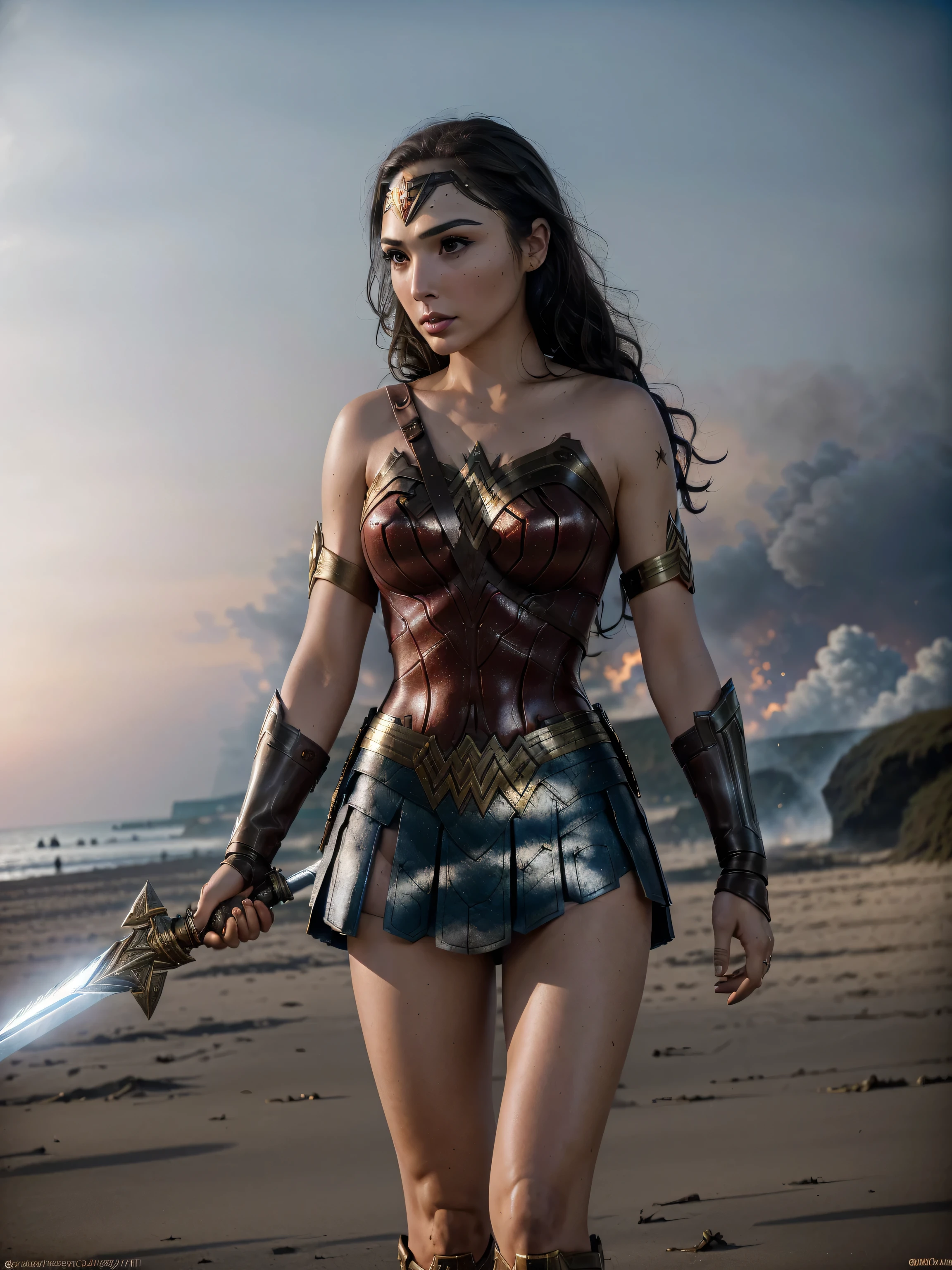 photorealistic Realism 8K, 16K, Quality: (Hyper absurd quality, extremely detailed detail, hyper resolution, clear sharp focus, not blurry, Realistic brown_eyes), ((perfect dark_eyeshadows:1.45)), (super Detailed, beautiful little nose:1.2), (perfect composition), Gal Gadot as (Wonder Woman cosplay), incredibly similar to the original outfit from the WW movie, dynamic stance, face focused on the target in the distance, ready to fight, beautiful cheekbones, double eyelids, dslr, best high quality soft lighting, sharp focus captured by Fujifilm XT3, f 5.6, in a dramatic lighting, ((perfect composition)), ((pale skin)), ((dry skin)), ((clear and detailed scene from the open battlefield of World War II fighting on the beach in NORMANDY, ((scene of death, many killed in battle, explosion, big explosion in the background, darkness, flashes in the sky))), ultra absurd details quality:1.3), ((he holds a one-handed sword and a round Captain America shield:1.4)), (((luxury leather Wonder Woman Cosplay:1.4), ultra absurd details quality), (with Red pleated mini skirt:1.25))