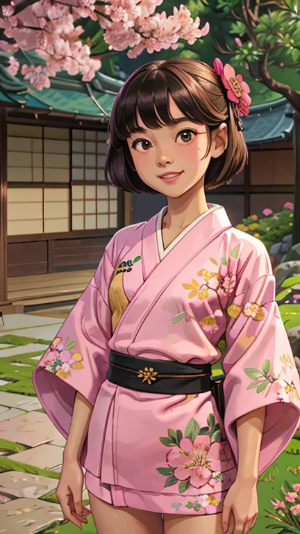 best quality,masterpiece,1girl,solo,(((9years old))),japanese girl,an extremely cute and beautiful girl,highly detailed beautiful face and eyes,petit,cute face,lovely face,baby face,shy smile,show teeth,black hair,medium short hair,flat chest,skinny,slender,(((wearing a pink floral short mini kimono))),(((standing in a japanese garden))),she is looking at the viewer,