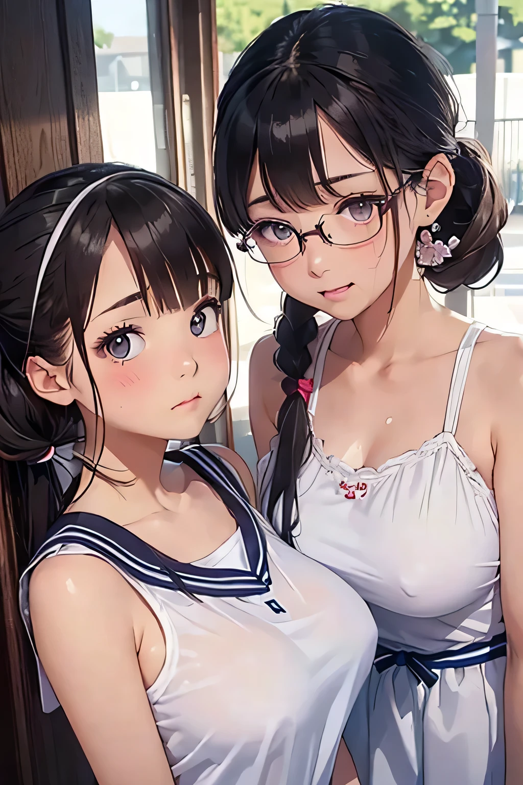 highest quality、High resolution、Detailed Background、(Beautiful face in every detail:1.4)、Anatomically correct、(Detailed facial expressions)、(Detailed eyes:1.2)、age beauty、(Highly detailed face:1.4)、(Huge breasts:1.3)、Cute hair colour、Bobcut、ponytail、Twin tails、well-groomed eyebrows、Accentuate your breasts、Glasses、Thin, white, sheer, sleeveless sailor dress、White sailor collar、Poolside、My clothes are wet and transparent、Blushing、(Two beautiful girls looking at me with embarrassed expressions:1.5)
