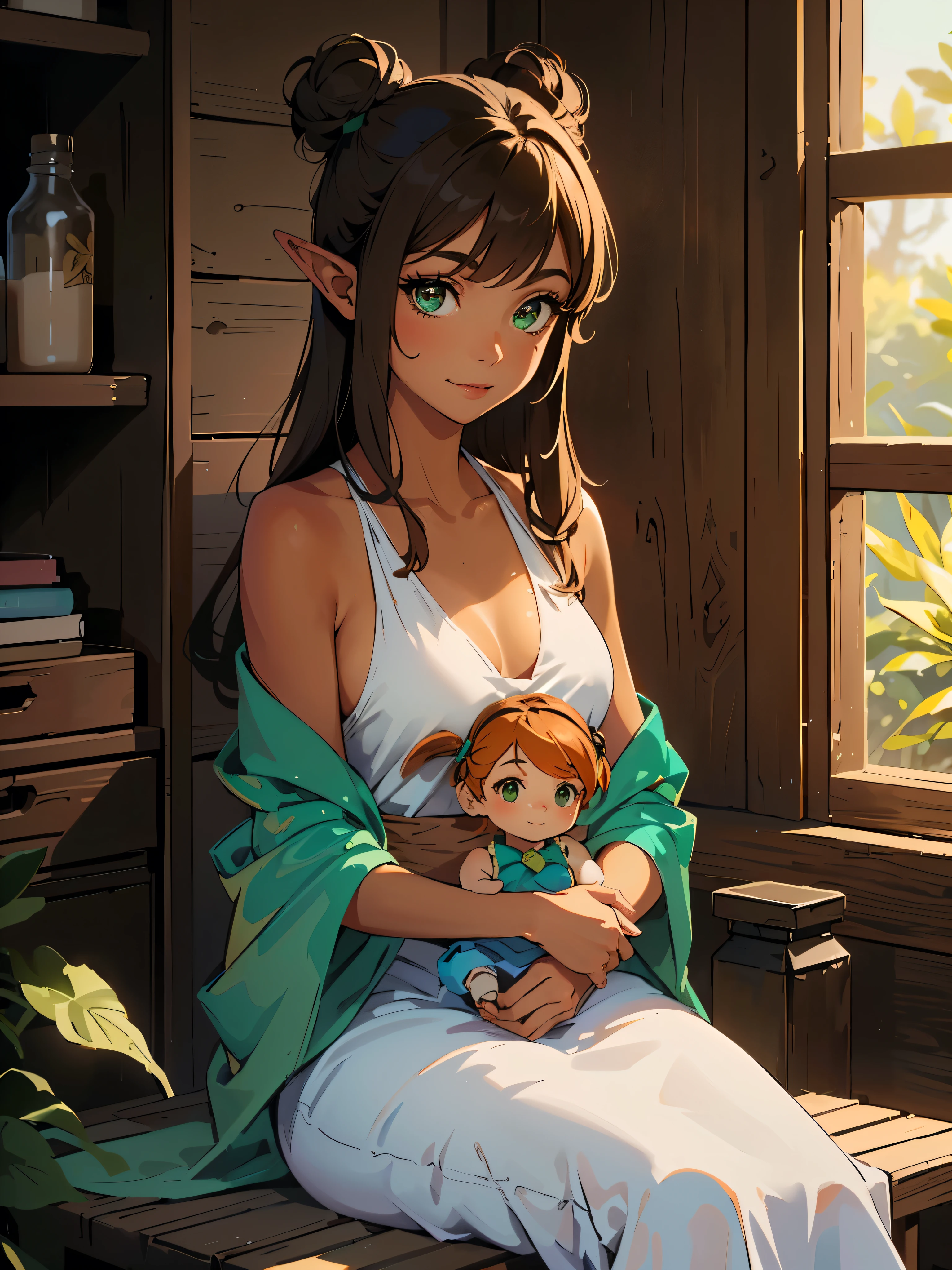 masterpiece, high quality, illustration, extremely detailed, cg unity 8k, ((summer: 1.4)), 1_woman, sitting on knees, (upper body) (tan exotic skin_complexion:1.4), mature, statuesque, beautiful, exotic, with long elf ears, smiling, ((holding doll)), (((looking away from viewer))), (((eyes looking away from camera))), holding cup of coffee, medium breast, thigh gap, (wearing ((green)) diaphanous robes), white backless halter top dress, bare_shoulders, (((long brown hair))), ((twin hair buns)), detailed face having (((hazel eyes)), dark_eyeliner, long_eyelashes), natural dynamic lighting casts detailed shadows, in log cabin,