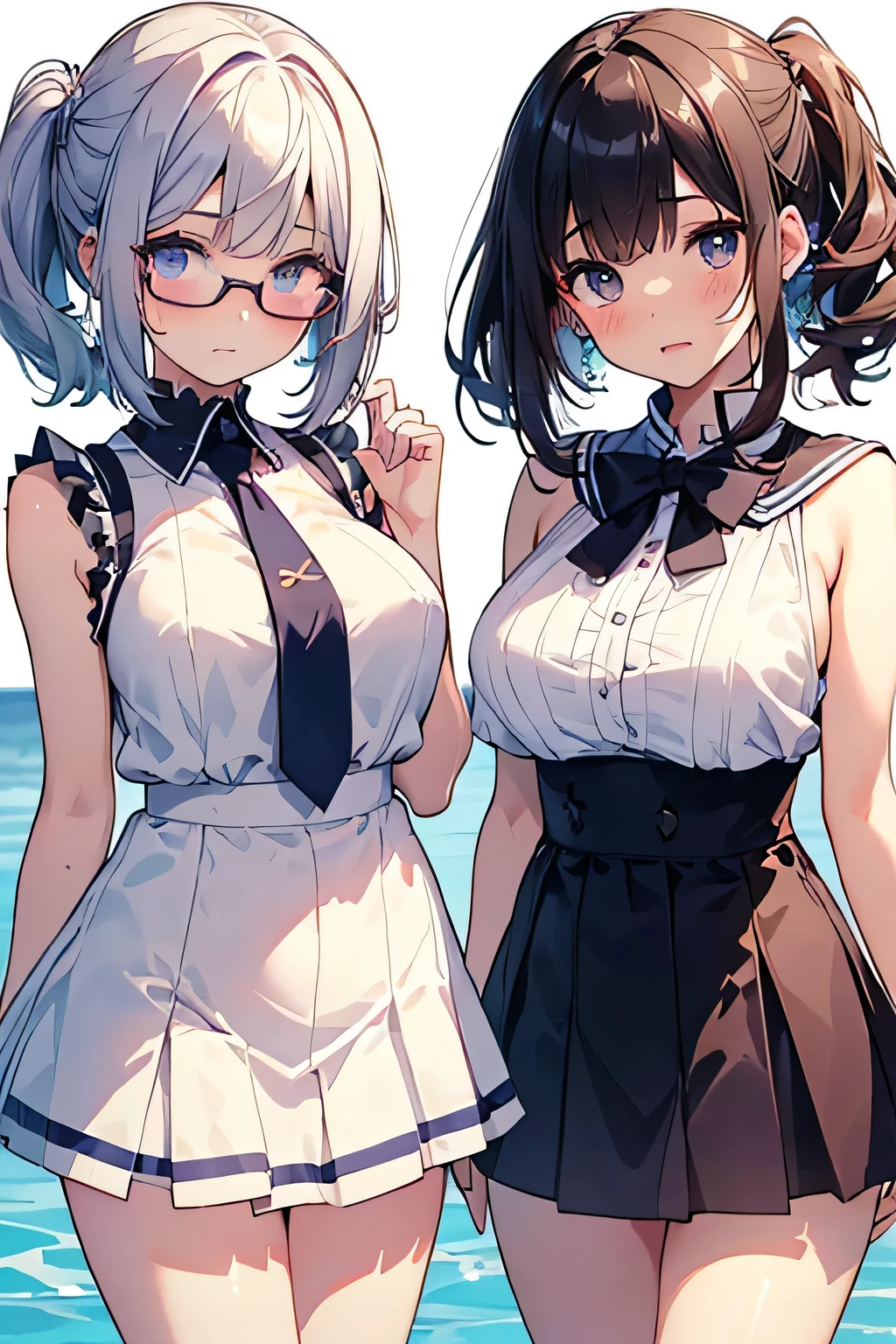 highest quality、High resolution、Detailed Background、(Beautiful face in every detail:1.4)、Anatomically correct、(Detailed facial expressions)、(Detailed eyes:1.2)、Teenage beauty、(Highly detailed face:1.4)、(Huge breasts:1.3)、Cute hair colour、Bobcut、ponytail、Twin tails、well-groomed eyebrows、Accentuate your breasts、Glasses、Thin, white, sheer, sleeveless sailor dress、White sailor collar、Poolside、My clothes are wet and transparent、Blushing、(Two beautiful girls looking at me with embarrassed expressions:1.5)