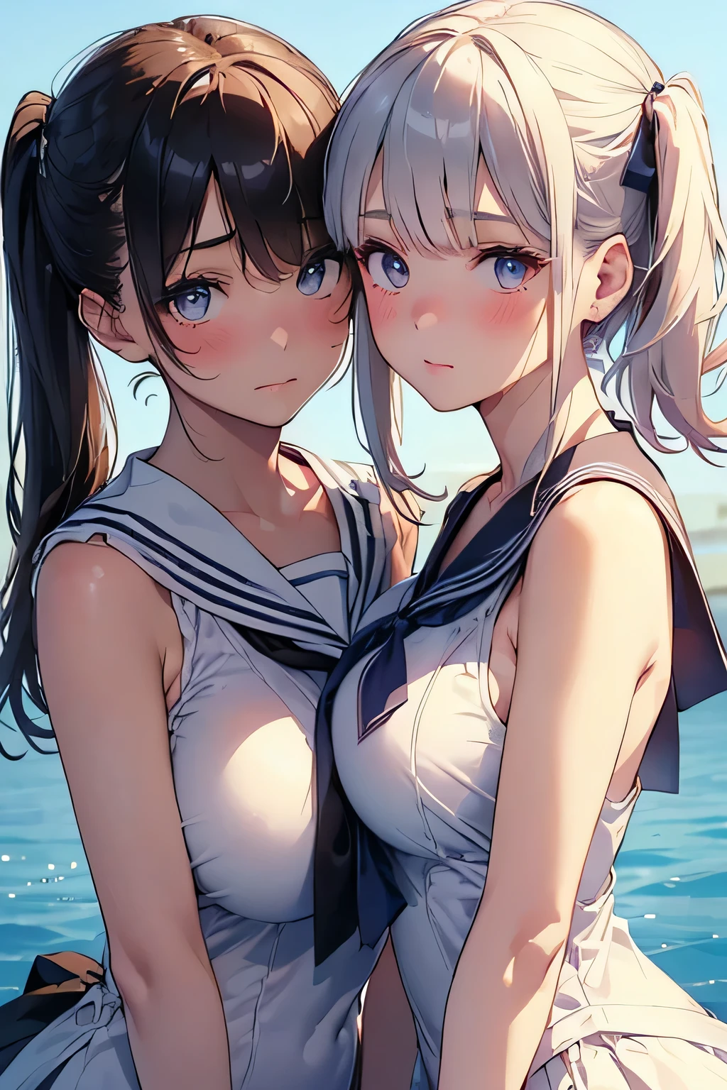 highest quality、High resolution、Detailed Background、(Beautiful face in every detail:1.4)、Anatomically correct、(Detailed facial expressions)、(Detailed eyes:1.2)、Teenage beauty、(Highly detailed face:1.4)、(Huge breasts:1.3)、Cute hair colour、Bobcut、ponytail、Twin tails、well-groomed eyebrows、Accentuate your breasts、Glasses、Thin, white, sheer, sleeveless sailor dress、White sailor collar、Poolside、My clothes are wet and transparent、Blushing、(Two beautiful girls looking at me with embarrassed expressions:1.5)
