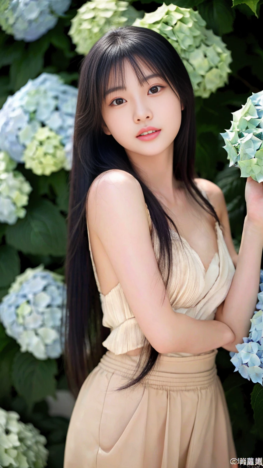 最high quality、high quality、Best image quality、8k、topless:2.0,Nipples are visible:2.0、Pleated skirt,最High resolution、High resolution、最high quality、masterpiece、RAW Photos、whole body写真、Detailed and realistic human body、Detailed and realistic skin、Realistic face in every detail、Detailed and realistic eyes、Detailed and realistic lips、Detailed and realistic teeth、Detailed and realistic ears、Detailed and realistic hair、Realistic reproduction of every detail、Realistic fingers in every detail、(Beautiful Hands、thumb１reference４)、Realistic feet down to the last detail、((Beautiful Japanese Women))、(Japanese Model)、((21 year old beautiful woman))、(Black Hair)、(Straight hair)、((whole body))、(Slim and perfect figure)、(whole body光沢肌、Fair skin)、Detailed and realistic human body、Detailed and realistic skin、Realistic face in every detail、Realistic fingers in every detail、Detailed realistic feet、Soft natural light、Japanese garden、A 360-degree view of the hydrangea fields、((Standing in the middle of a hydrangea field(A woman surrounded by hydrangeas on all sides))、Poses to make your thighs look beautiful