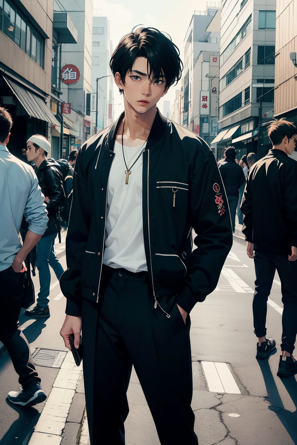 90s anime style, handsome man, Japanese, black clothes, muscular, anime boy, street style