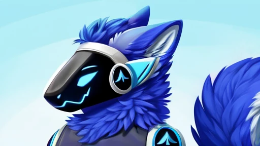 Protogen, ((light blue fur protogen furry character wolf light blue anthropomorphic fur protogen)) , looking at viewer,a little to the side, , fur,  visor,solo, cartoon, (highly detailed illustration:1.2), best quality, masterpiece, solo, protogen, (protogen face:1.1), (protogen visor:1.1), tail, torso, , standing, no background, no background 