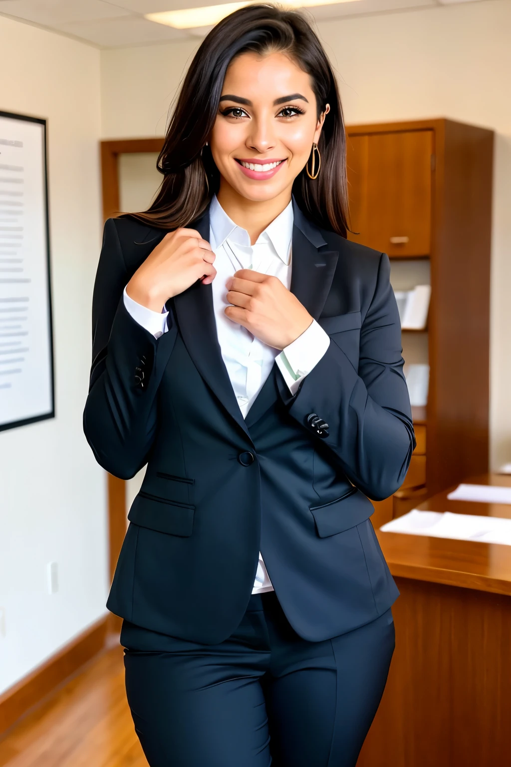 (((RAW photo, film grain))), (((Beautiful Colombian businesswoman))), (((wearing a business suit, business suit with bold colors, business suit with vibrant colors))), ((smiling)), flawless exotic beauty, jaw dropping beauty, most beautiful woman in the world, dark thick eye brows, flawless eyebrows, dark thick eyelashes, flawless eyelashes, beautiful eyes, detailed eyes, flawless eyes, perfect face, flawless olive skin, mesomorph body type, hourglass body shape, perfect body, flawless body, (posing with arms crossed and smiling, powerful woman), inside a law office, law firm, lawyer girl, extremely detailed hands, perfect hands, extremely detailed fingers, perfect fingers