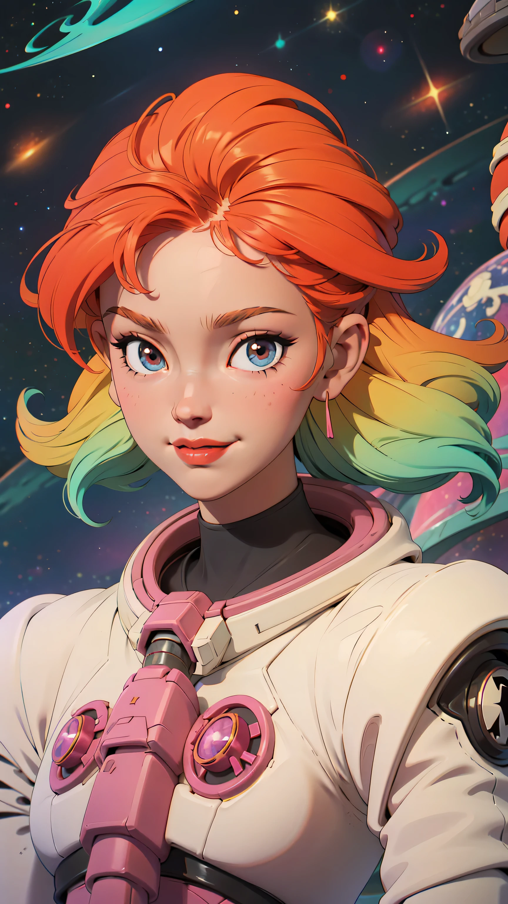 Cartoon-style image of a astronaut, in a colorful space setting full of stars, planets and nebulae in the background. The should be smiling and fun with vibrant colors. The setting should convey a sense of adventure and discovery
