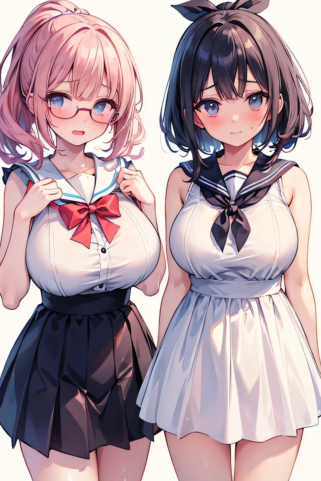 highest quality、High resolution、Detailed Background、(Beautiful face in every detail:1.4)、Anatomically correct、(Detailed facial expressions)、(Detailed eyes:1.2)、age beauty、(Highly detailed face:1.4)、(Huge breasts:1.3)、Cute hair colour、Bobcut、ponytail、Twin tails、well-groomed eyebrows、Accentuate your breasts、Glasses、Thin, white, sheer, sleeveless sailor dress、White sailor collar、Poolside、My clothes are wet and transparent、Blushing、(Two beautiful girls looking at me with embarrassed expressions:1.5)、Cowboy Shot