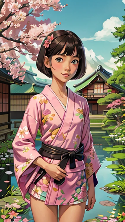 best quality,masterpiece,1girl,solo,(((9years old))),japanese girl,an extremely cute and beautiful girl,highly detailed beautiful face and eyes,petit,cute face,lovely face,baby face,shy smile,show teeth,black hair,medium short hair,flat chest,skinny,slender,(((wearing a pink floral short mini kimono))),(((standing in a japanese garden))),she is looking at the viewer,