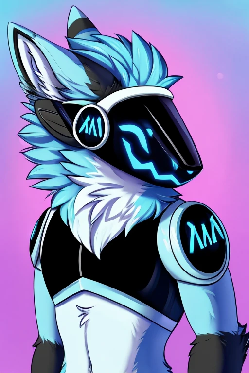 Protogen, ((light blue fur protogen furry character wolf light blue anthropomorphic fur protogen)) , looking at viewer,a little to the side, , fur, visor,solo, cartoon, (highly detailed illustration:1.2), best quality, masterpiece, solo, protogen, (protogen face:1.1), (protogen visor:1.1), tail, torso, , standing, no background, no background