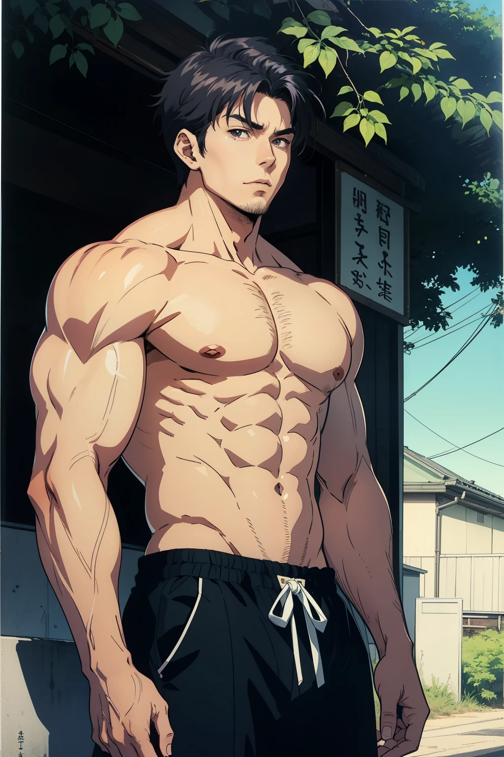 90s anime style, handsome man, Japanese, black clothes, muscular, anime boy, 