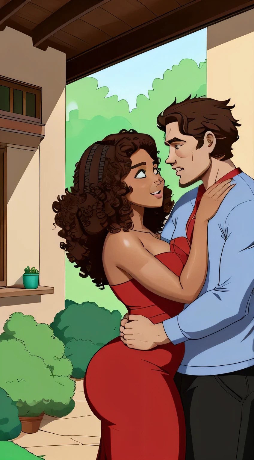 Produce a cartoon-style image that celebrates love between couples. The girl, dark skin, black woman, fat, ((plus size)) curly hair, has ((brown eyes)) charming. His partner, a tall man, athletic body ((with light skin and brown hair)), ((short straight)), has expressive green eyes. The scene takes place in the back of a simple house outside, the scene depicts. passionate kisses between them. Convey the intensity of eternal love between these lovers,