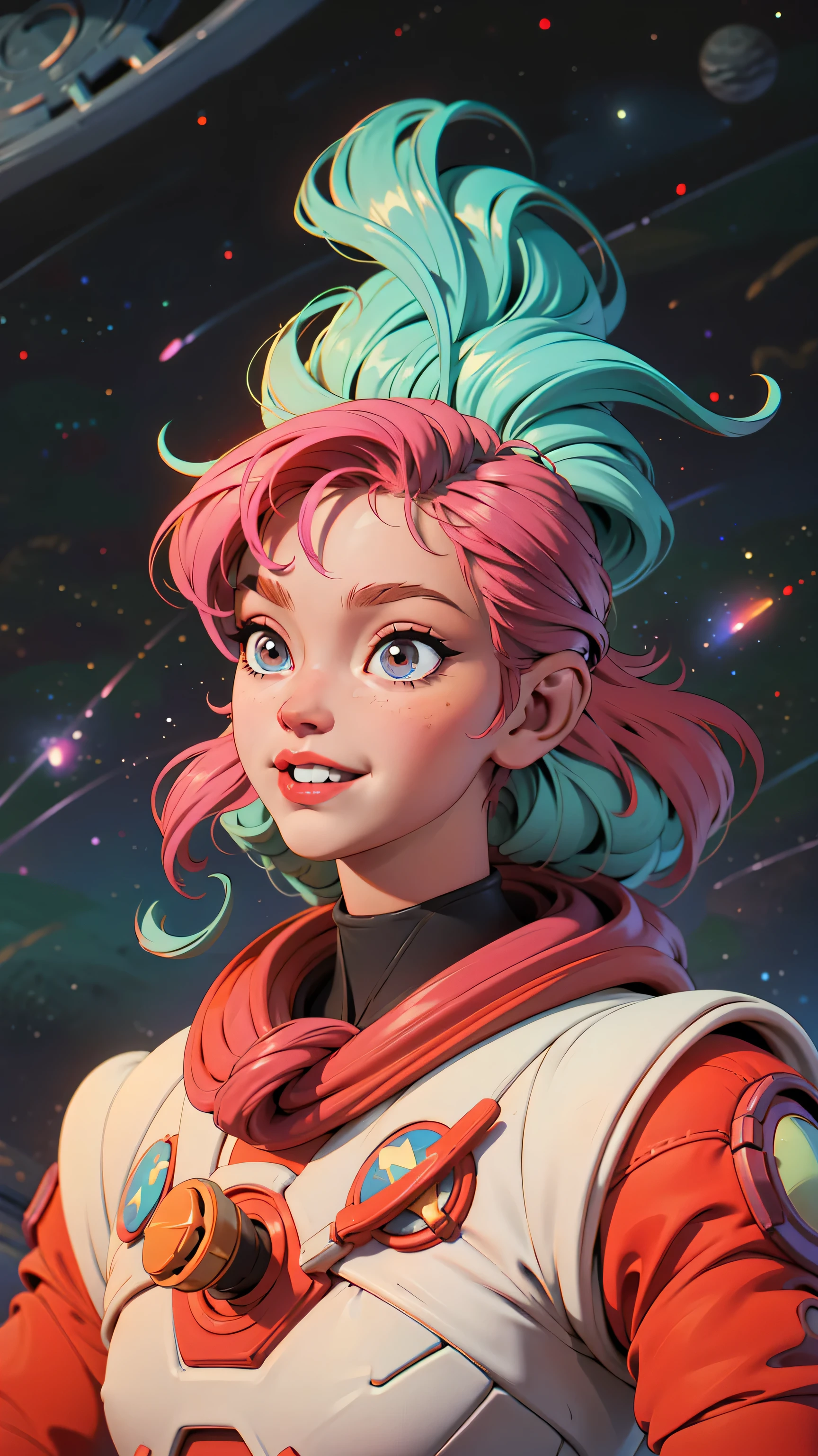 Cartoon-style image of a astronaut, in a colorful space setting full of stars, planets and nebulae in the background. The should be smiling and fun with vibrant colors. The setting should convey a sense of adventure and discovery