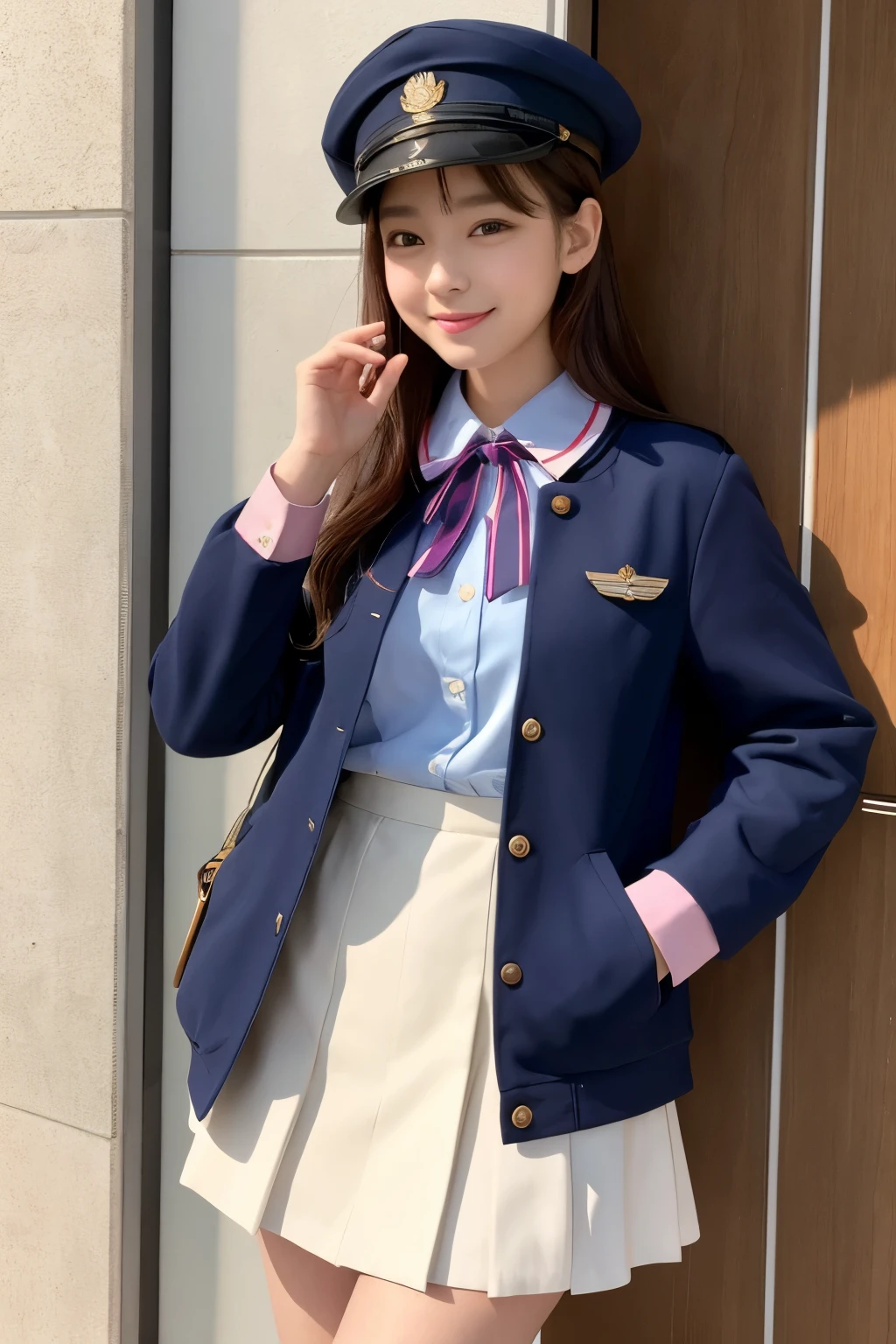 The character is a young woman.、Wearing a uniform。Her hair is reddish pink、It is long and straight。On his head he had a blue beret、Decorated with black ribbon。

The uniform、The navy blue jacket features a large pink ribbon.、Paired with a white shirt。The jacket has gold trim on the sleeves and collar.、Designed with care down to the last detail。The skirt is light grey、It is a soft and wide design。She is wearing white socks and brown loafers.。

The character has one hand on his hip、She is posing with her other hand close to her face.。The expression is cheerful and bright、The picture is drawn to highlight her charm.。as a whole、This illustration is adorable、Gives a vivid impression。