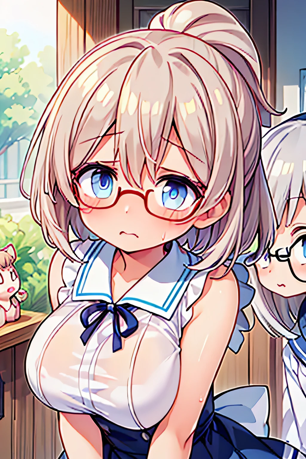 highest quality、High resolution、Detailed Background、(Beautiful face in every detail:1.4)、Anatomically correct、(Detailed facial expressions)、(Detailed eyes:1.2)、Teenage beauty、(Highly detailed face:1.4)、(Huge breasts:1.3)、Cute hair colour、Bobcut、ponytail、Twin tails、well-groomed eyebrows、Accentuate your breasts、Glasses、Thin, white, sheer, sleeveless sailor dress、White sailor collar、Poolside、My clothes are wet and transparent、Blushing、(Two beautiful girls looking at me with embarrassed expressions:1.5)、Cowboy Shot