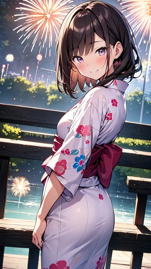 
highest quality, masterpiece, Ultra-high resolution, 8k,Summer night sky,,((Purple Yukata)),Show anime style , One, Soft Line Art, Digital Enhancement, shojo anime touch, shojo manga core, Flowing fabric, close, Soft Drawing, Ultra-Definition Digital Anime Art, Clear facial depiction, Super detailed girl cartoon character art, Ultra-detailed manga style, highest qualityの色,
 (Short brown hair), Wet Hair,Beautiful brown hair, Clear brown eyes, Slightly chubby,Small breasts,The butt is small,(((Teasing Smile))),Hands,Landscape with nature,(((A teasing smile against the backdrop of a 4-foot fireworks display))),Angle that allows you to see all the way to your feet