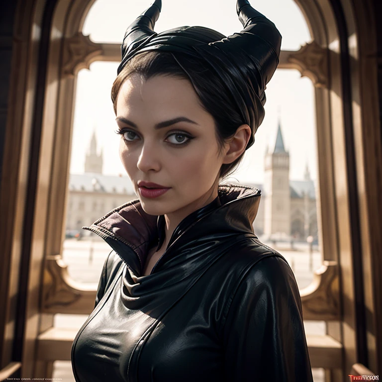 Masterpiece, best quality, detailed face, perfect eyes, Maleficent, black cowl, demon horns, throne behind her, looking at viewer,