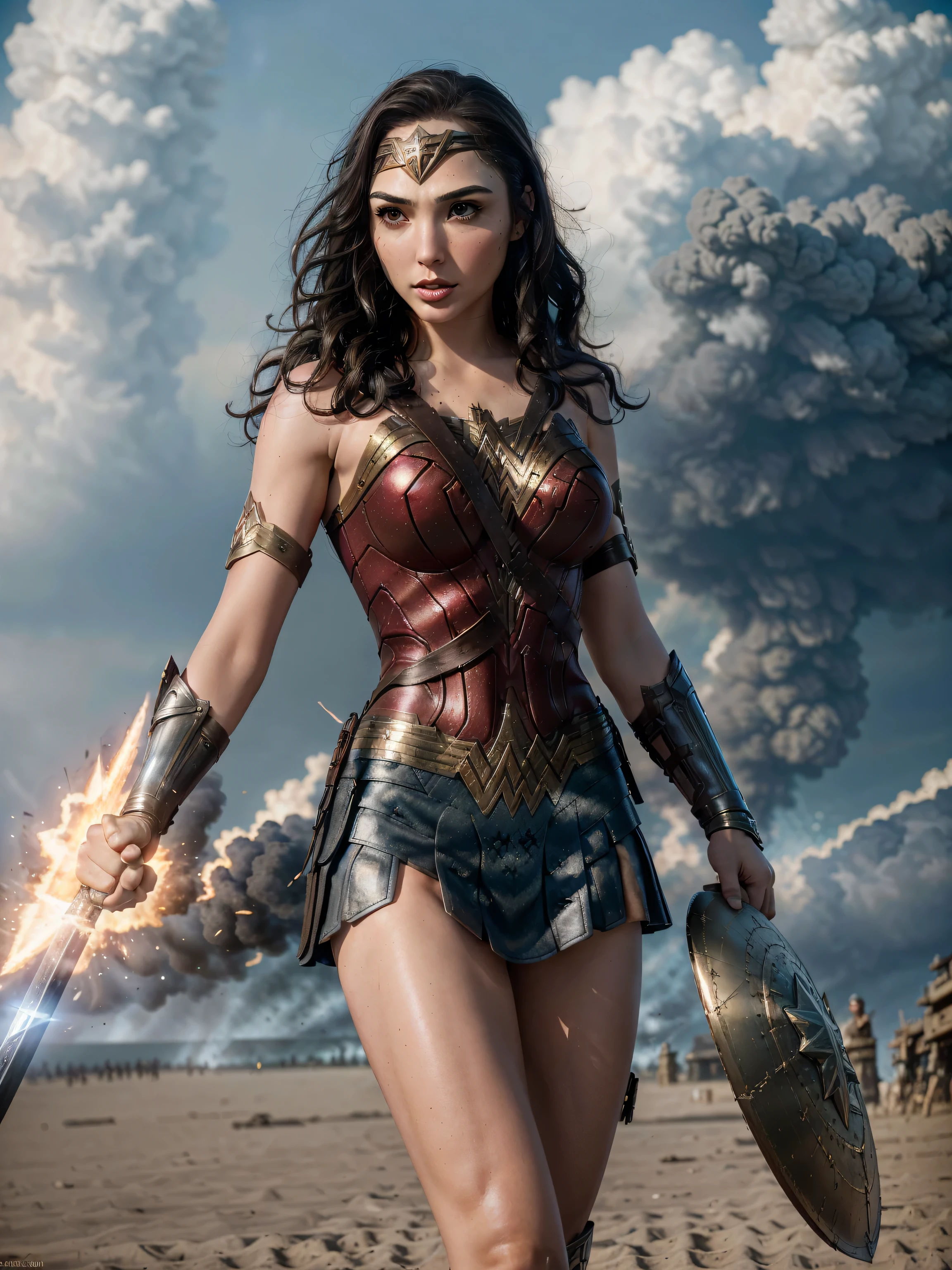 photorealistic Realism 8K, 16K, Quality: (Hyper absurd quality, extremely detailed detail, hyper resolution, clear sharp focus, not blurry, Realistic brown_eyes), ((perfect dark_eyeshadows:1.45)), (super Detailed, beautiful little nose:1.2), (perfect composition), Gal Gadot as (Wonder Woman cosplay), incredibly similar to the original outfit from the WW movie, dynamic stance, face focused on the target in the distance, ready to fight, beautiful cheekbones, double eyelids, dslr, best high quality soft lighting, sharp focus captured by Fujifilm XT3, f 5.6, in a dramatic lighting, ((perfect composition)), ((pale skin)), ((dry skin)), ((clear and detailed scene from the open battlefield of World War II fighting on the beach in NORMANDY, ((scene of death, many killed in battle, explosion, big explosion in the background, darkness, flashes in the sky))), ultra absurd details quality:1.3), ((she holds a long one-handed sword and a round Captain America shield:1.45)), (((luxury leather Wonder Woman Cosplay:1.4), ultra absurd details quality), (with Red pleated mini skirt:1.25))