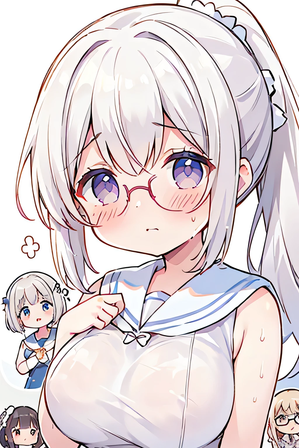 highest quality、High resolution、Detailed Background、(Beautiful face in every detail:1.4)、Anatomically correct、(Detailed facial expressions)、(Detailed eyes:1.2)、age beauty、(Highly detailed face:1.4)、(Huge breasts:1.3)、Cute hair colour、Bobcut、ponytail、Twin tails、well-groomed eyebrows、Accentuate your breasts、Glasses、Thin, white, sheer, sleeveless sailor dress、White sailor collar、Poolside、My clothes are wet and transparent、Blushing、(Two beautiful girls looking at me with embarrassed expressions:1.5)、Cowboy Shot