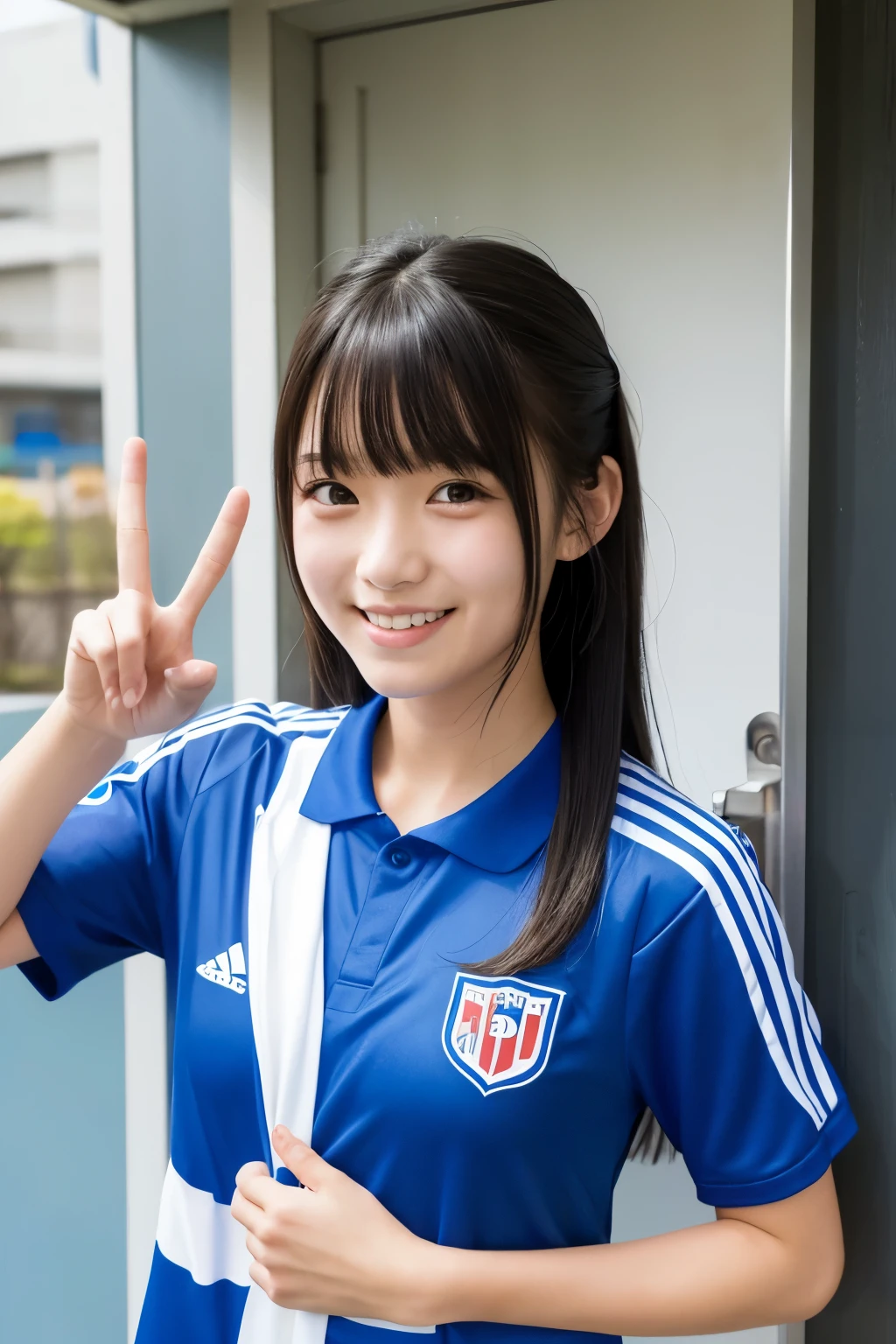 A young woman、He is posing in the blue soccer uniform of the Japanese national team.。Her hair is long、It extends to the shoulders。A woman makes a peace sign with her right hand、The left hand is placed next to the door。She is smiling at the camera.、Has a friendly expression。Football Stadium、I&#39;m rooting for you、
