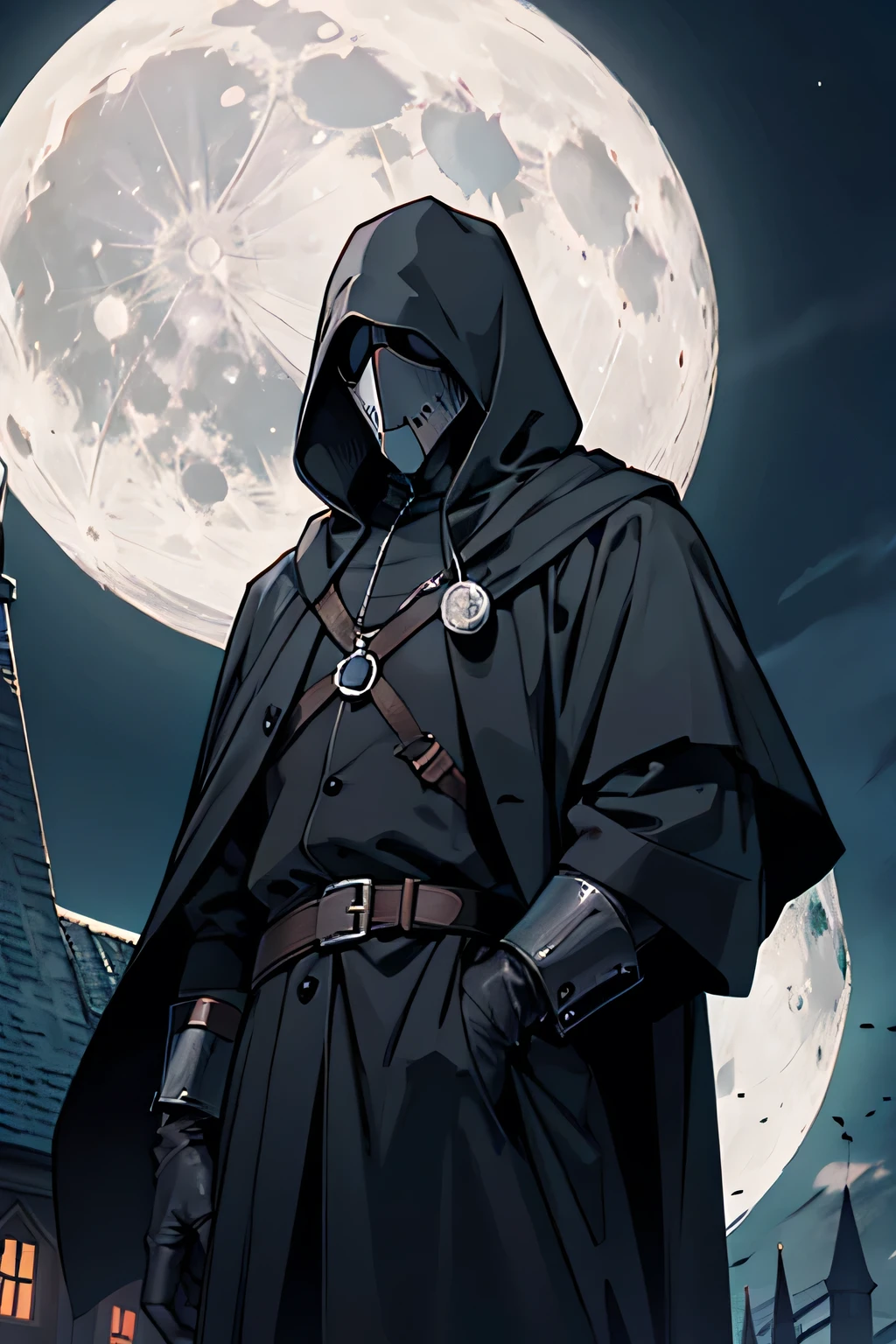 A man with a plague doctor mask and the moon behind him in all black