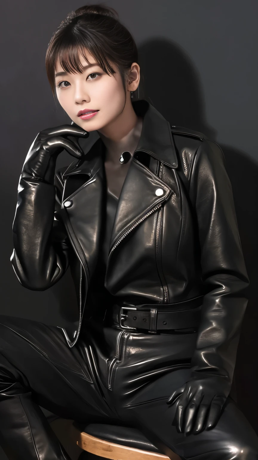 black leather rider jacket, Office in the Dark, Black leather gloved fingertips on both hands,Wearing black leather gloves,Sitting in a black leather chair、 Japanese female new recruits (Black leather gloves cover both hands) (The angle is horizontal)、Black Leather Pants,Black Leather Black Leather Pants,Black Leather Skinny Pants、Long black leather boots on both feet、Black Hair ((He wears black leather gloves on his hands))Full Body Photo,full body shot full body full body leather suit,☺If you turn in this direction。Wearing black leather gloves,Wearing black leather gloves,Wearing black leather gloves,Wearing black leather gloves,Wearing black leather gloves,Wearing black leather gloves,黒のレザーパンツが美しい😍黒のレザーパンツが美しい😍黒のレザーパンツが美しい,😍Smiling while looking at me,City lights、((Neon Cyberpunk City Street:1.3))、(Neon Light)、Detailed lighting、
Best image quality、Ultra-high resolution、(realism:1.4)、Korean Beauty Star、The most beautiful KPOP stars、face、Horny Korean Makeup、A body that makes you want to touch it、Realistic leather texture、Costume made of smooth leather fabric、The drape of the curved parts of the leather fabric、The costume is very shiny、Quality of the costume、8K Photo Quality