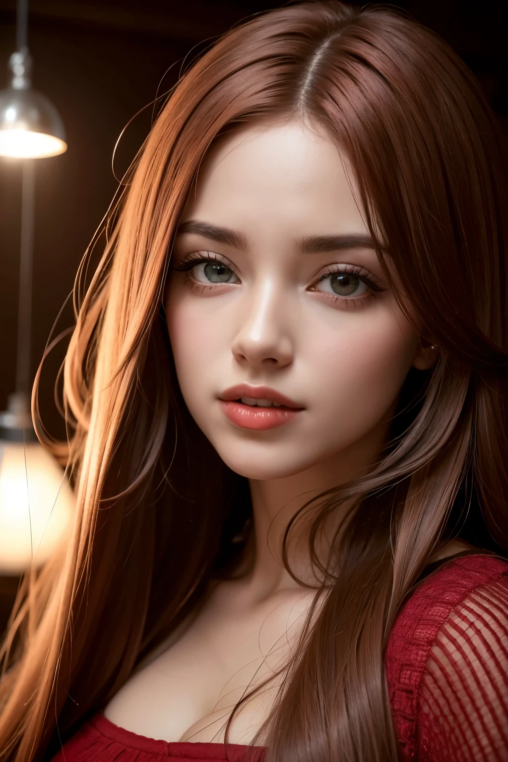1 garota, olho estrela, corar, perfect lighting, cabelo vermelho, olhar sexual
