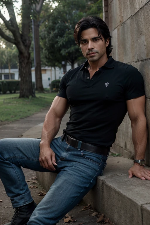 Jesse Katsopolis, John Stamos, Wolf, 30 years, cabello negro corto y desordenado, slim and muscular build, ojos grises, camisa vaquera negra abierta, jeans azul oscuro, black belt, light brown combat boots, colgante de luna plateada, fondo negro brumoso bosque.