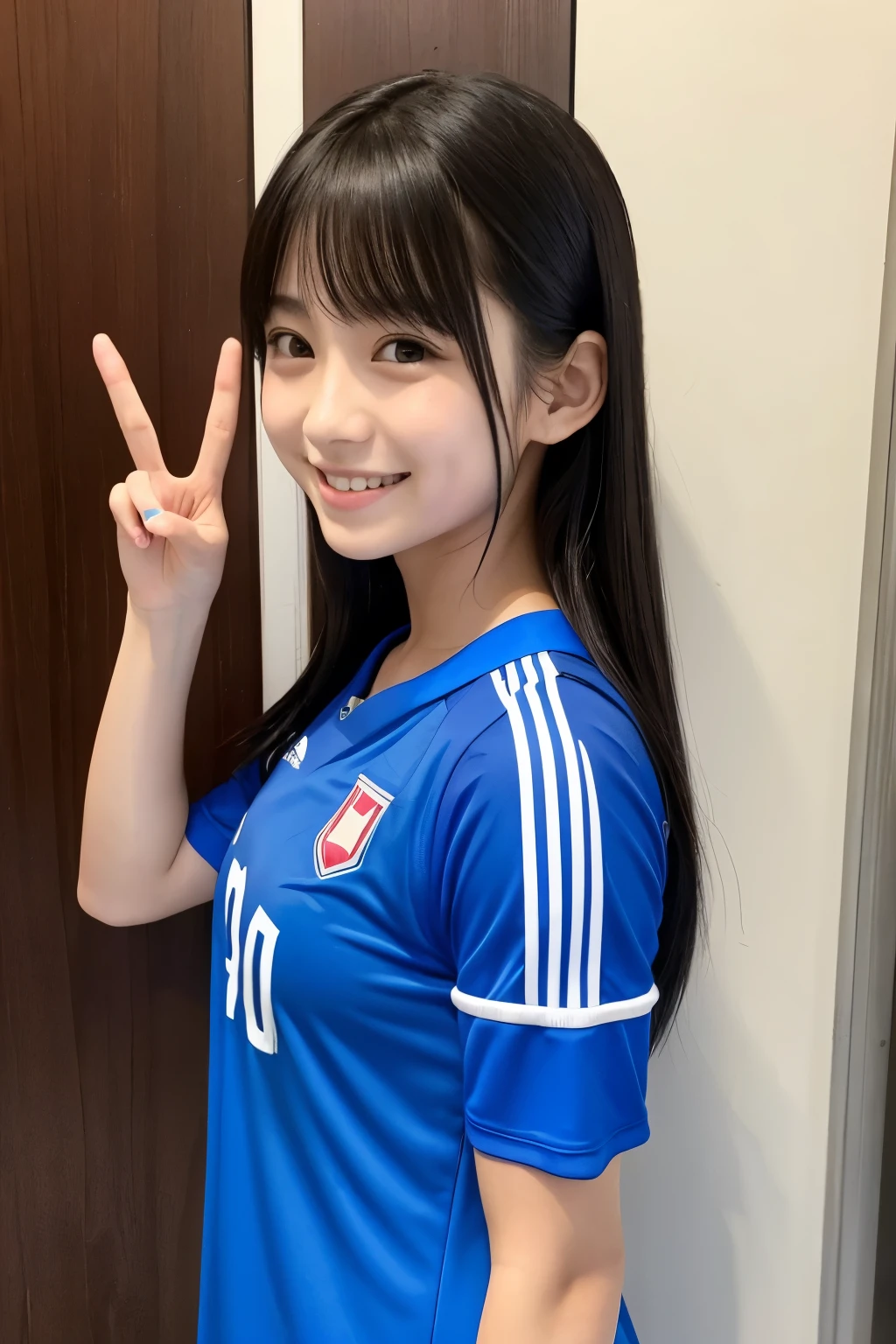 A young woman、He is posing in the blue soccer uniform of the Japanese national team.。Her hair is long、It extends to the shoulders。A woman makes a peace sign with her right hand、The left hand is placed next to the door。She is smiling at the camera.、Has a friendly expression。Football Stadium、I'm rooting for you、