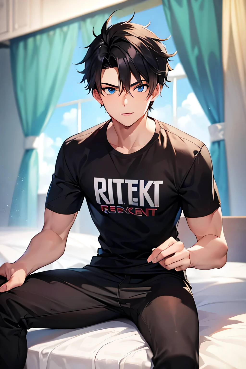 18 year old young man , black hair and blue eyes . Gamer. Athletic and intelligent body.
