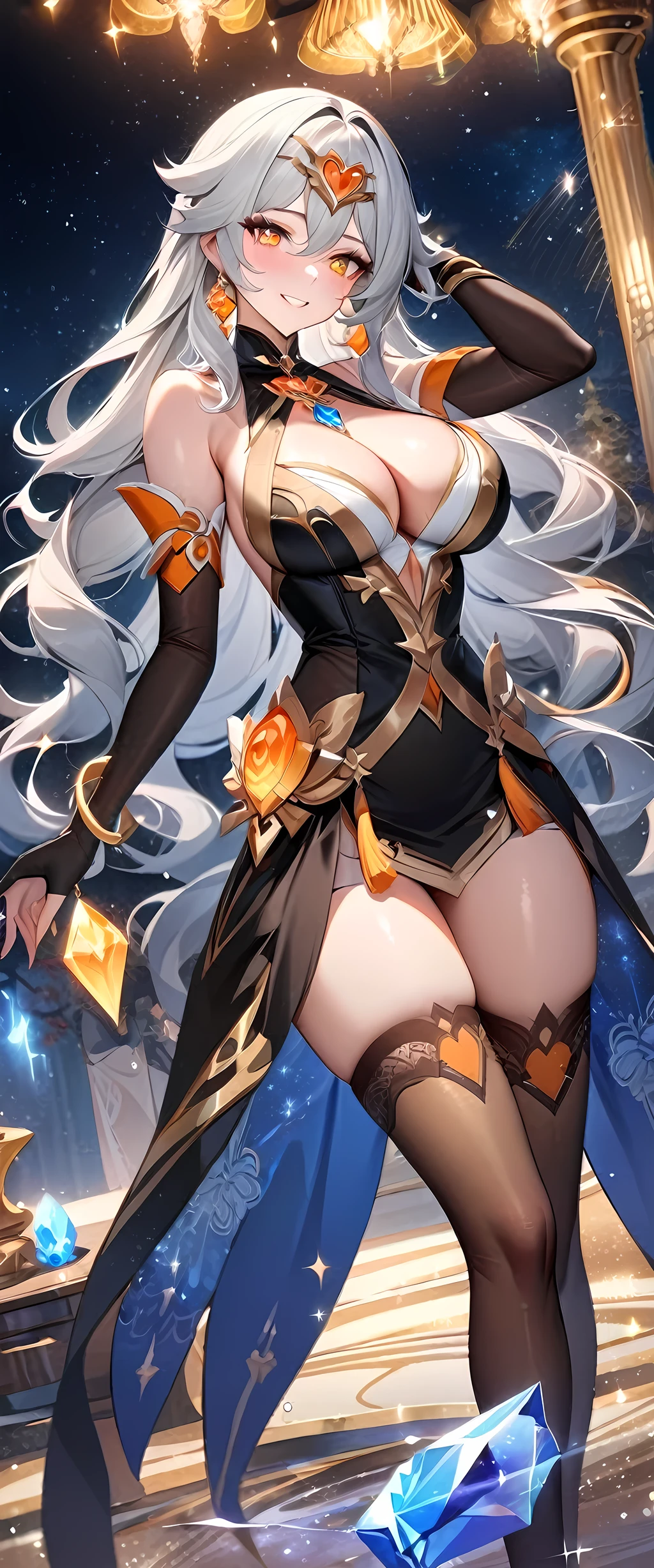 (masterpiece), best quality, expressive eyes, perfect face,mature woman,((1woman)),((silver hair)),long hair,wavy hair,(glowing orange pupils),big breasts,cleavage,(elegant magical girl costume:1.4),(embroidery:1.5),(garterbelt),(brown and gold thighhighs),floating crystals,crystal pendant,circlet,tassel earrings,elbow gloves,bracelets,bashful smile,standing,sexy pose,fantasy scenary,(night:1.1),(starry sky 1:1),gems,(sparkle:0.9),(glitter:0.9),dymanic angle,head tilt, mengde, ninggaung_(genshin impact), gemstone background