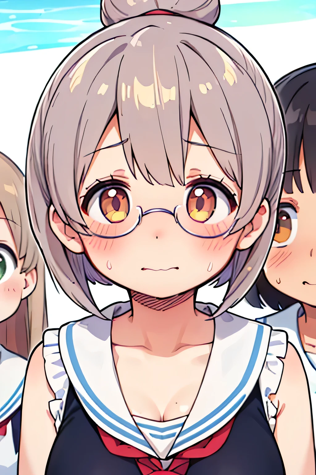 highest quality、High resolution、Detailed Background、(Beautiful face in every detail:1.4)、Anatomically correct、(Detailed facial expressions)、(Detailed eyes:1.2)、Teenage beauty、(Highly detailed face:1.4)、(Huge breasts:1.3)、Cute hair colour、Bobcut、ponytail、Twin tails、well-groomed eyebrows、Accentuate your breasts、Glasses、Thin, white, sheer, sleeveless sailor dress、White sailor collar、Poolside、My clothes are wet and transparent、Blushing、(Two beautiful girls looking at me with embarrassed expressions:1.5)