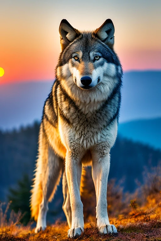 Wolf on a mountain at a sunset 