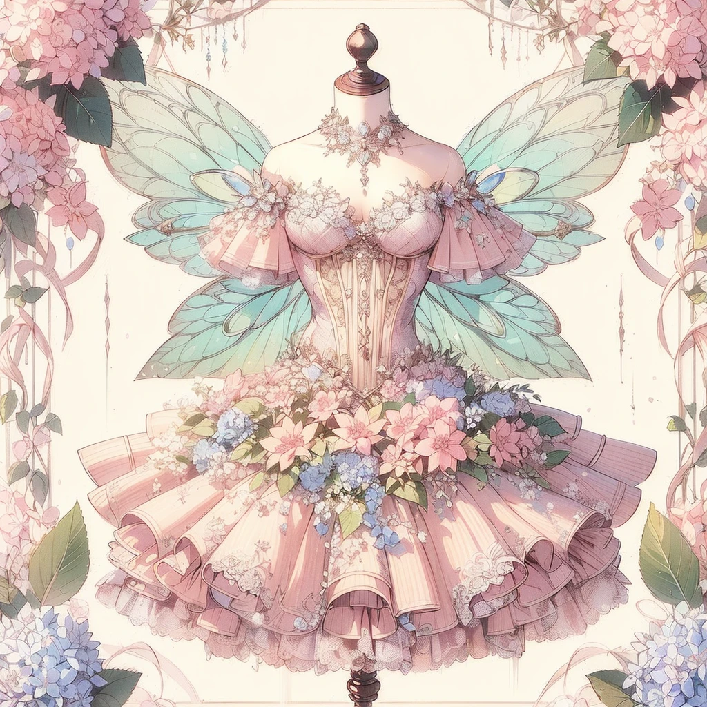 (An exquisite and beautiful highly detailed masterpiece, High quality and high resolution),(A two-dimensional illustration inspired by pixiv, featuring a neat, clear, and well-proportioned face drawn with thin lines, that went viral on Twitter,Cute and delicate beautiful girl illustration in pastel colors) ,A fairy in the shape of a hydrangea stands happily in a fantastical flower garden where hydrangeas are in full bloom under the starry sky.,whole body,Beautiful hydrangea with fluttering petals,(Transparent fairy wings grow from your back), (Beautiful small tiara, earrings and choker),Hydrangea-inspired ball gown dress, Lace and frills inspired by hydrangeas, (Her cheeks are a pale pink, Plump pink lips, And a large bust, She became a fair-skinned girl with a good figure..),Colored pencil art,Vibrant and eye-catching colors,Dynamic Angle