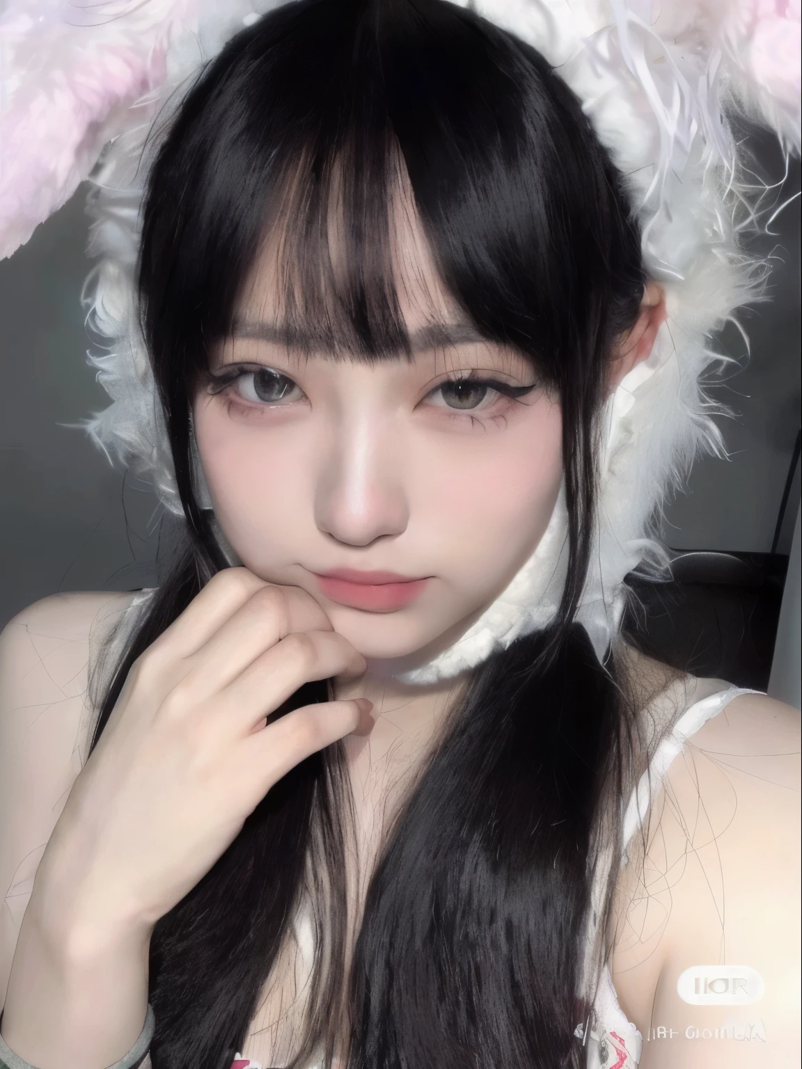 Arafed Asian girl with long black hair wearing a white bunny hat, con orejas de conejo, dulce conejita ultrarrealista, con grandes orejas de conejo, chica anime en la vida real, linda cara de anime natural, ulzzang, with long, floppy rabbit ears, muy hermosa linda catgirl, pale, snow-white skin, shikamimi, chica linda-cara-fina