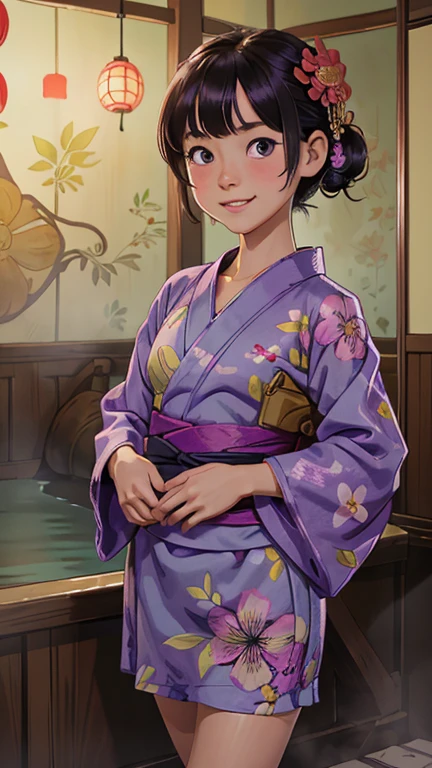 best quality,masterpiece,1girl,solo,(((9years old))),japanese girl,an extremely cute and beautiful girl,highly detailed beautiful face and eyes,petit,cute face,lovely face,baby face,shy smile,show teeth,black hair,medium short hair,flat chest,skinny,slender,(((wearing a purple floral short mini yukata))),(((standing in a japanese bath house))),she is looking at the viewer,