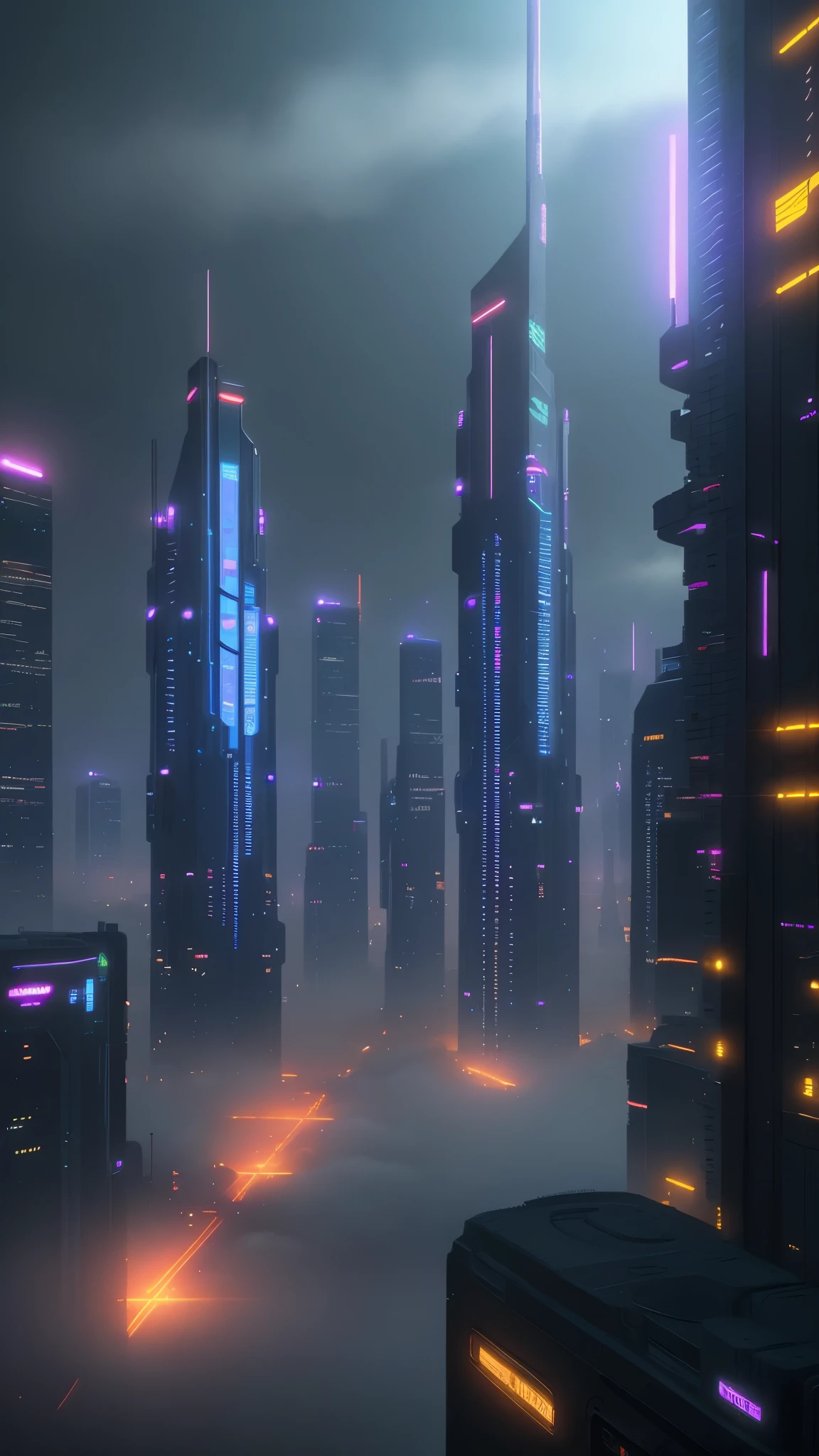 cyberpunk city, lights, fog, night, realistic, 8K