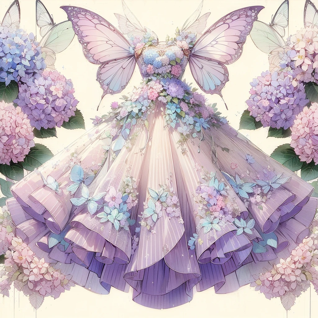 (An exquisite and beautiful highly detailed masterpiece, High quality and high resolution),(A two-dimensional illustration inspired by pixiv, featuring a neat, clear, and well-proportioned face drawn with thin lines, that went viral on Twitter,Cute and delicate beautiful girl illustration in pastel colors) ,A fairy in the shape of a hydrangea stands happily in a fantastical flower garden where hydrangeas are in full bloom under the starry sky.,whole body,Beautiful hydrangea with fluttering petals,(Transparent fairy wings grow from your back), (Beautiful small tiara, earrings and choker),Hydrangea-inspired ball gown dress, Lace and frills inspired by hydrangeas, (Her cheeks are a pale pink, Plump pink lips, And a large bust, She became a fair-skinned girl with a good figure..),Colored pencil art,Vibrant and eye-catching colors,Dynamic Angle