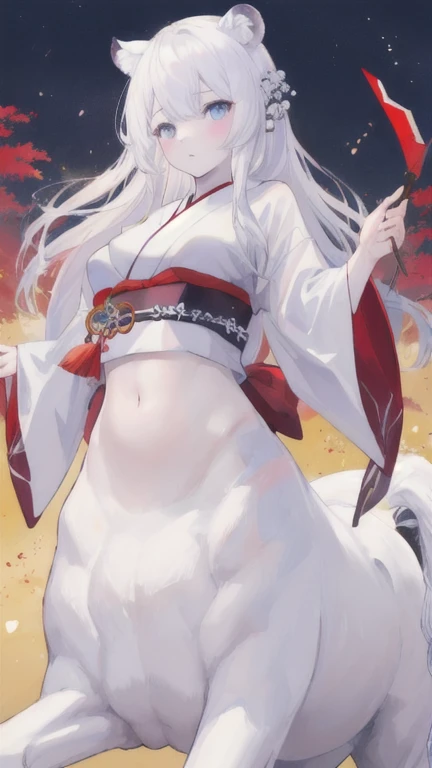 (best quality, masterpiece), 1 girl, centaur, It takes, White skin, Japanese  , exposing the abdomen,belly button t-shirt, 아름다운 소녀 perfect white tiger photo, perfect white tiger photo