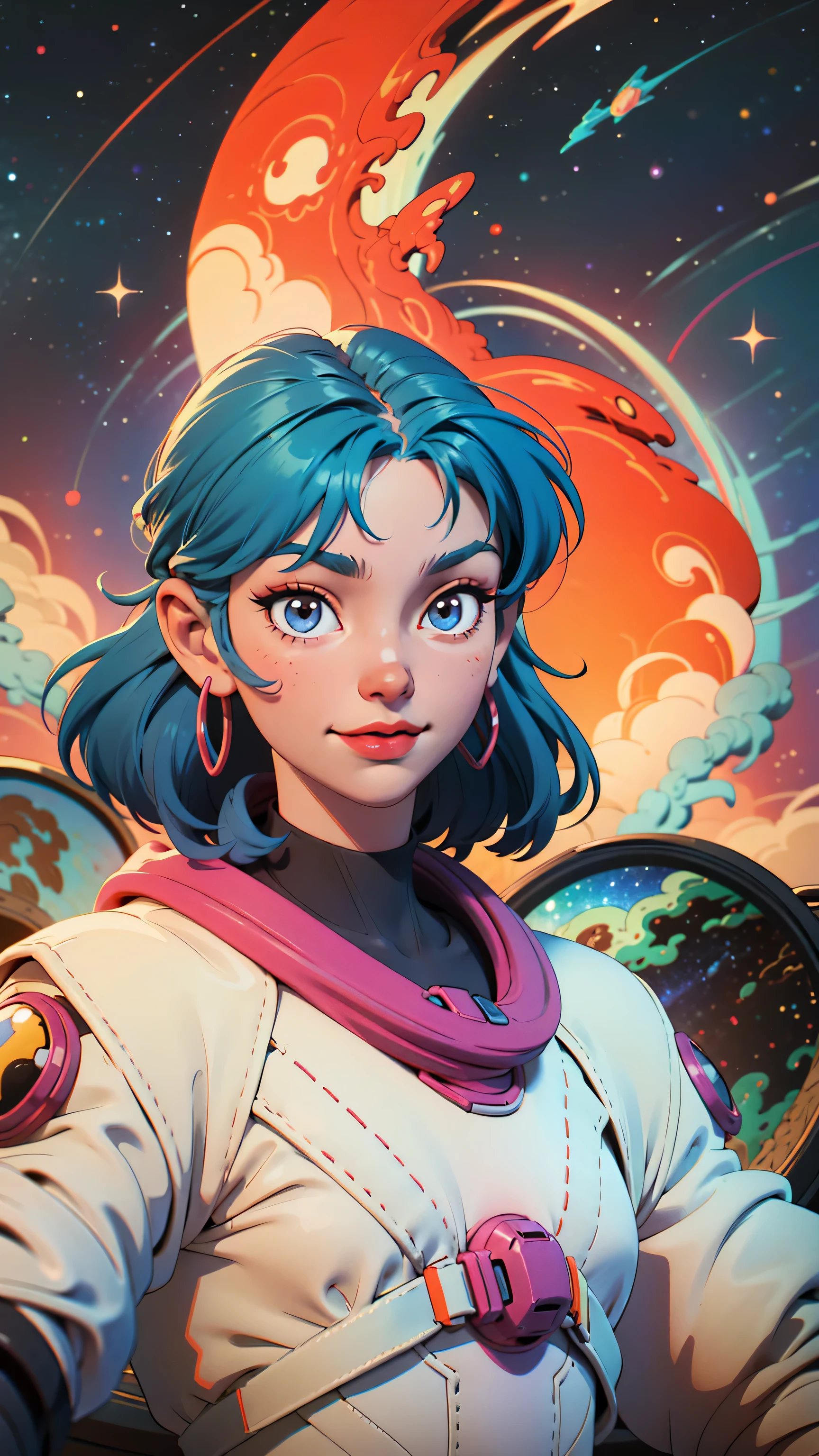Cartoon-style image of a astronaut of Asian descent, blue hair, in a colorful space setting full of stars, planets and nebulae in the background. The should be smiling and fun with vibrant colors. The setting should convey a sense of adventure and discovery